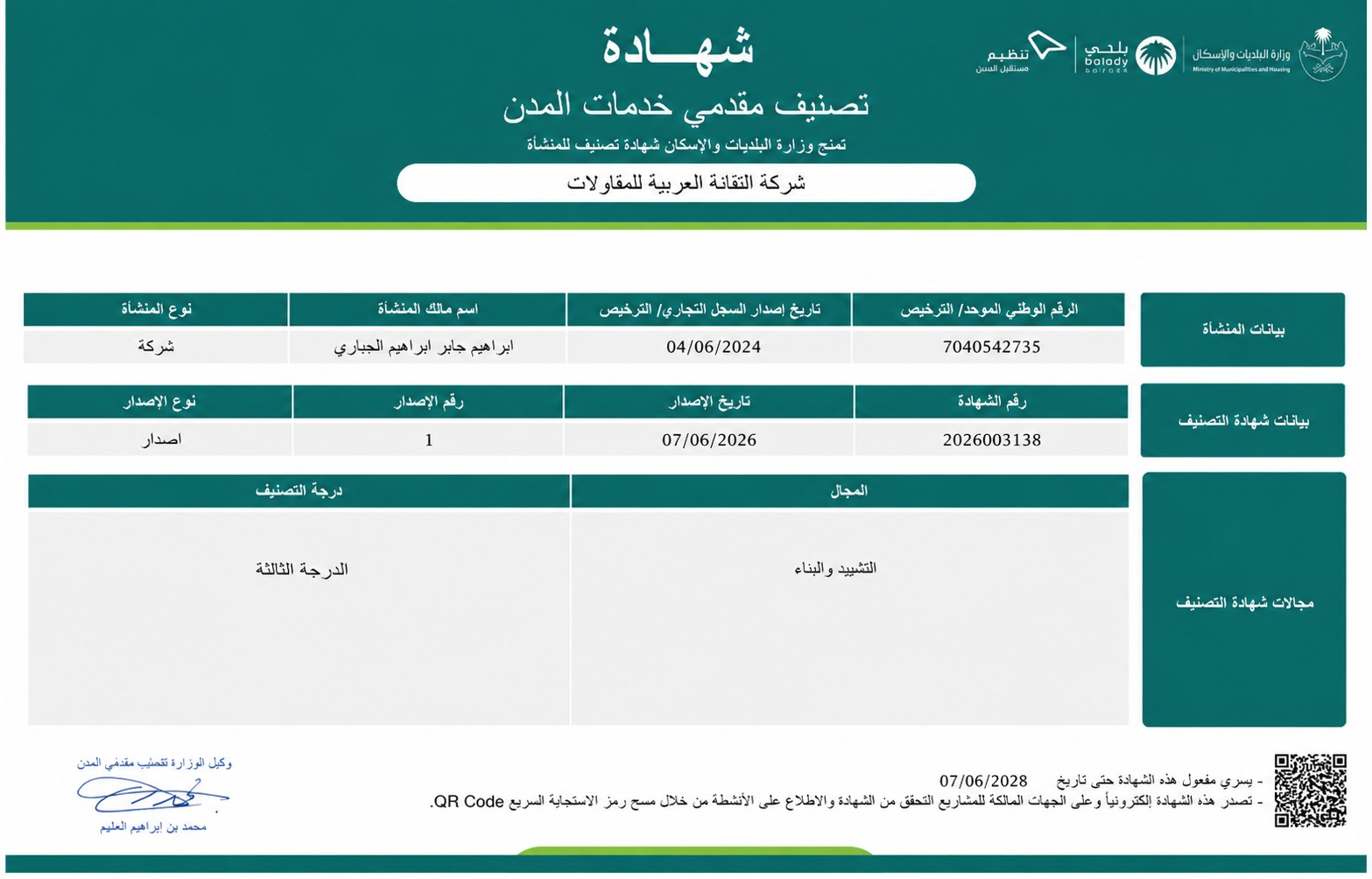 Municipal Services Classification certificate
