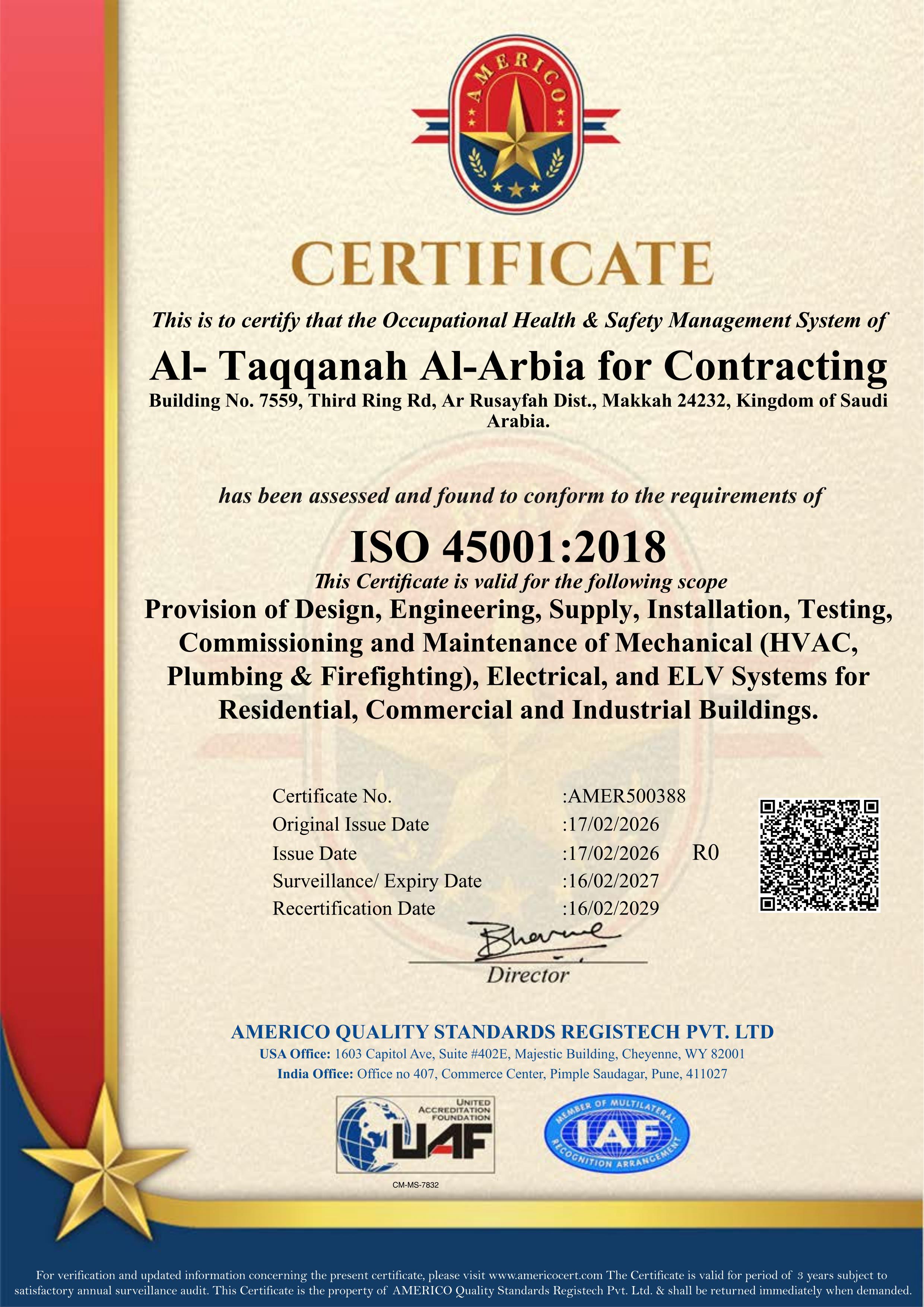 ISO 45001:2018 certificate